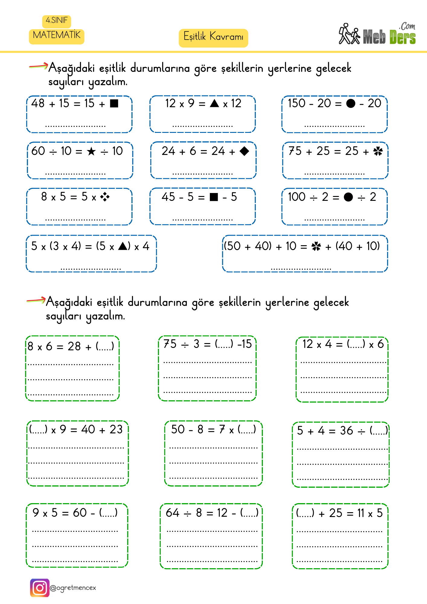 4. Sınıf Matematik Eşitlik Kavramı Çalışma Sayfası