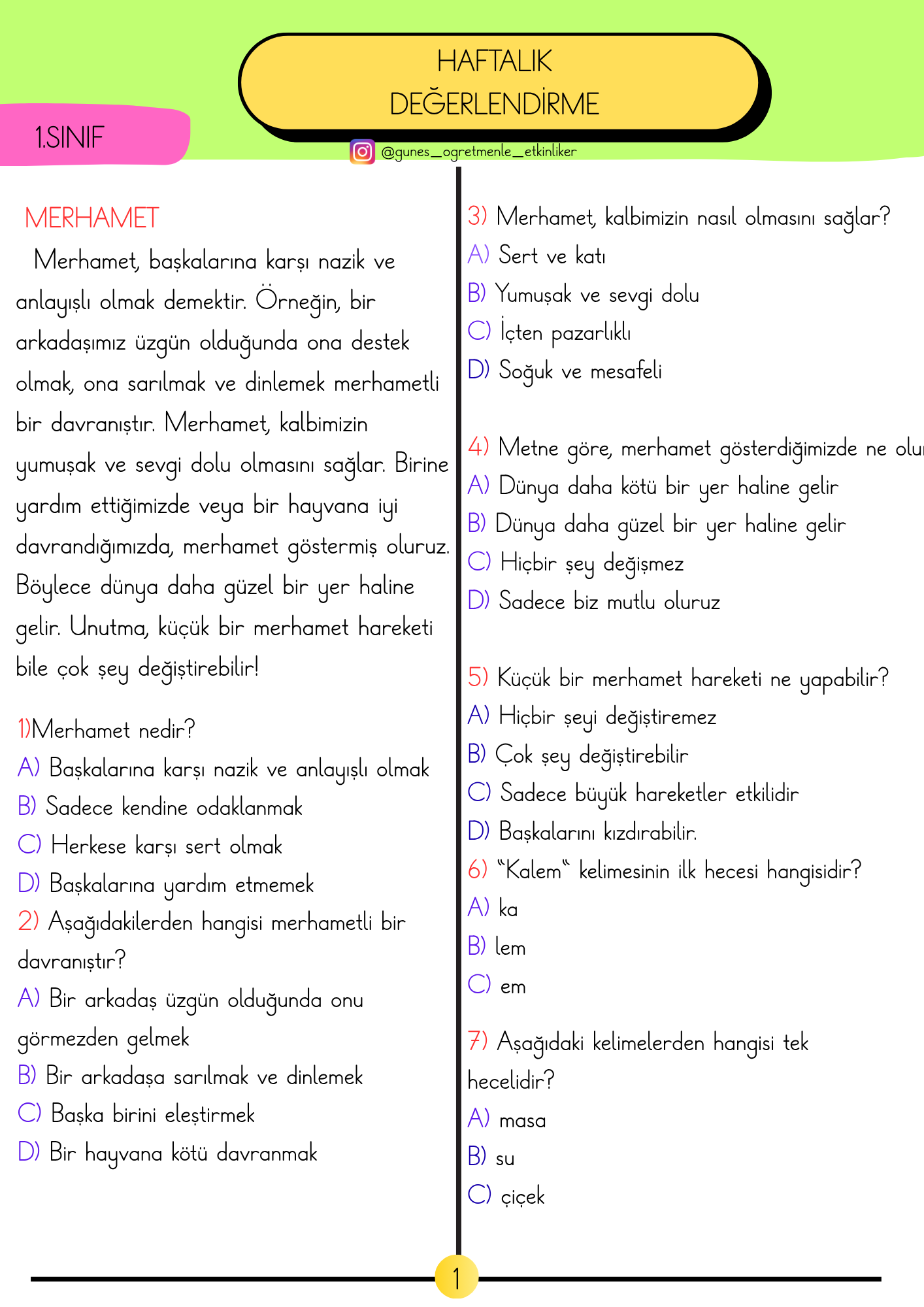 1.Sınıf Süreç Değerlendirme