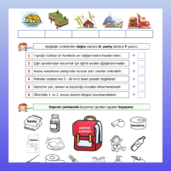 4. Sınıf Sosyal Bilgiler - Doğal Afetlere Hazır Olalım Etkinliği