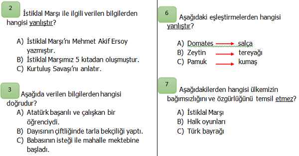 2.Sınıf Hayat Bilgisi Ülkemizde Hayat Ünite Değerlendirmesi