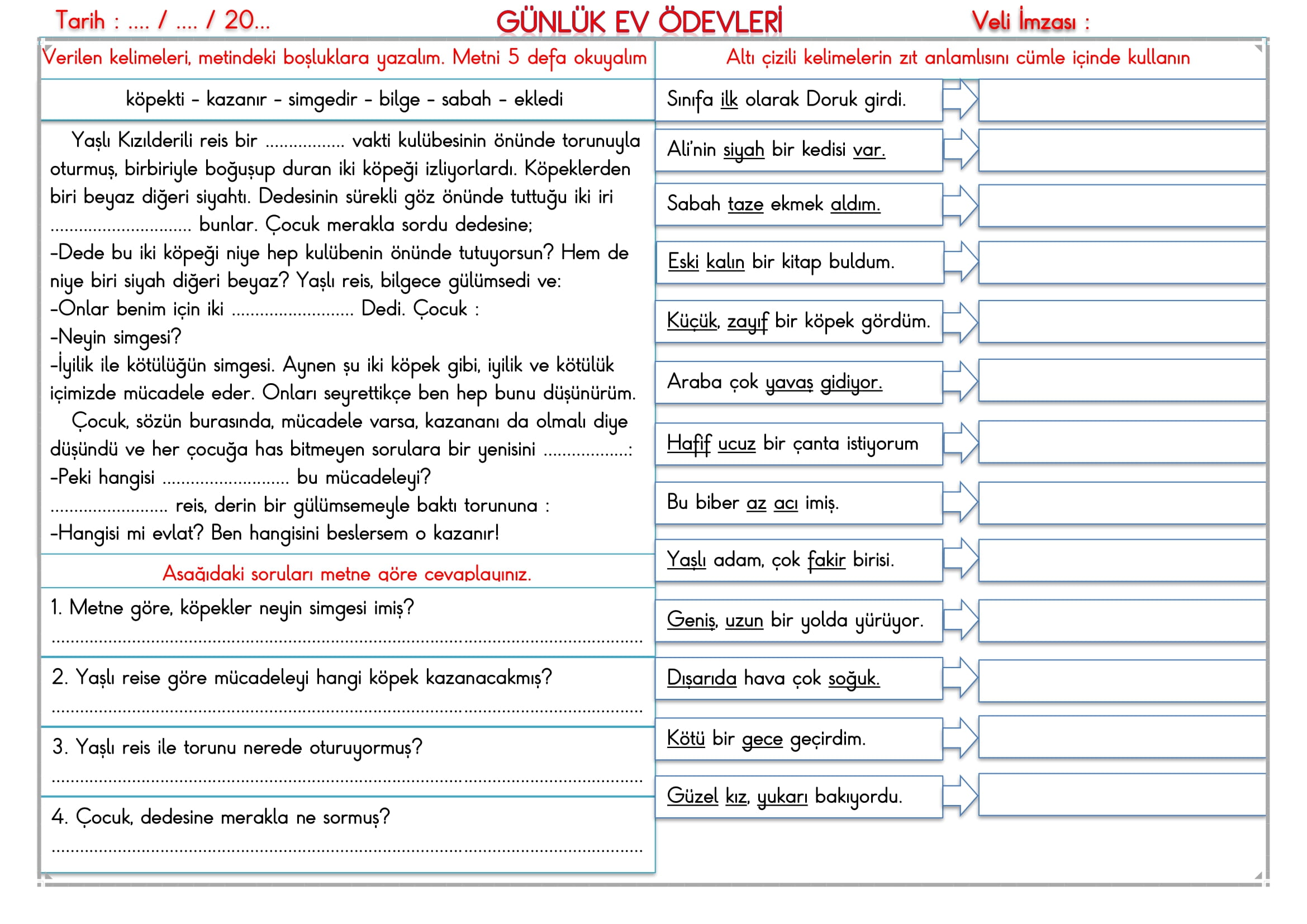 2.Sınıf - 25 Kasım 2025 Günlük Ev Ödevleri