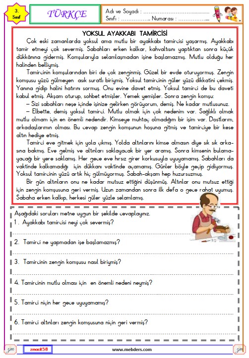 3. Sınıf Türkçe Okuma ve Anlama Metni Etkinliği (Ayakkabı Tamircisi)