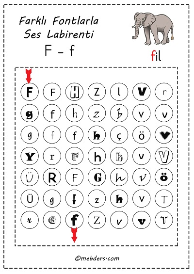 Farklı fontlarla ses labirenti - f sesi