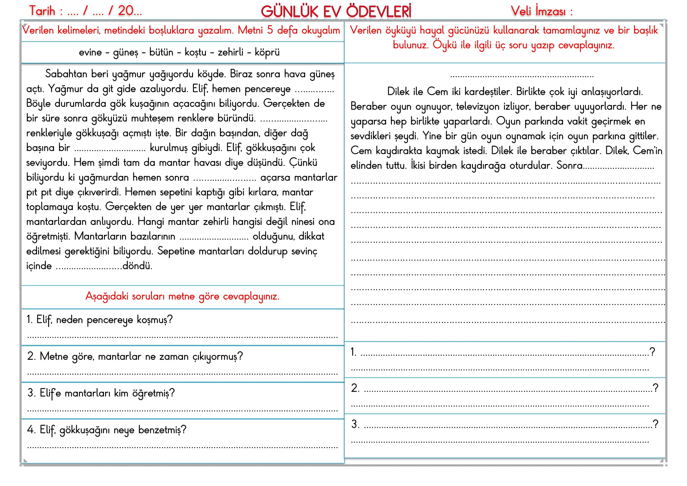 2.Sınıf - 06 Kasım 2025 Günlük Ev Ödevleri