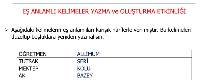 2. Sınıf Türkçe Eş Anlamlı Kelimeler Etkinliği