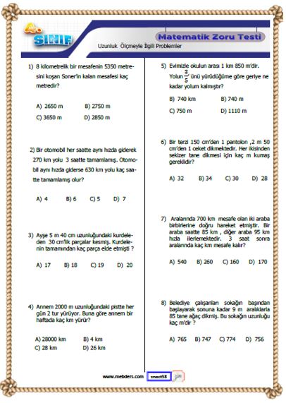 4. Sınıf Matematik Uzunluk Ölçmeyle İlgili Problemler Kazanım Testi