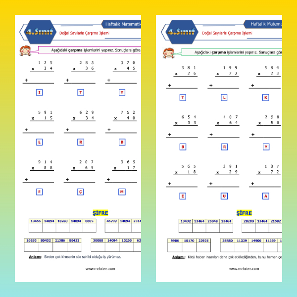 4. Sınıf Matematik - Şifreli Çarpma Alıştırmaları Etkinliği