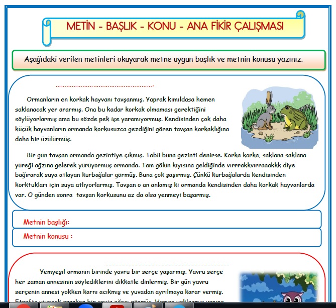 2.Sınıf Türkçe Metin - Başlık - Konu - Ana Fikir Etkinlik Çalışması