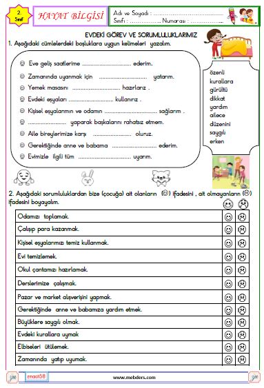 2. Sınıf Hayat Bilgisi Evdeki görev ve Sorumluluklarımız Etkinliği