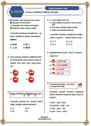 4. Sınıf Türkçe Varlıkların Özelliklerini Belirten Kelimeler Kazanım Testi ETKİLEŞİMLİ