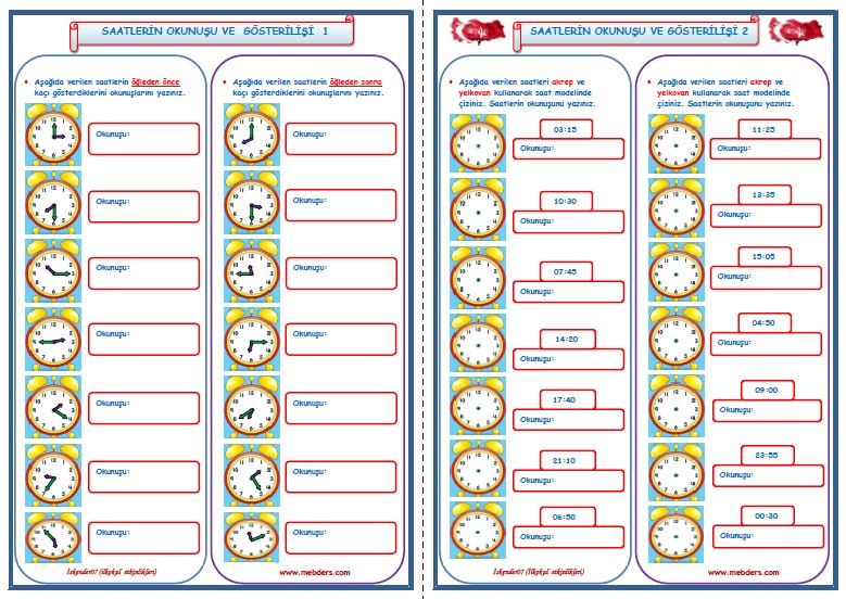 3.Sınıf Matematik Saatlerin Okunuşu ve Gösterilişi  1-2    (2 Sayfa)