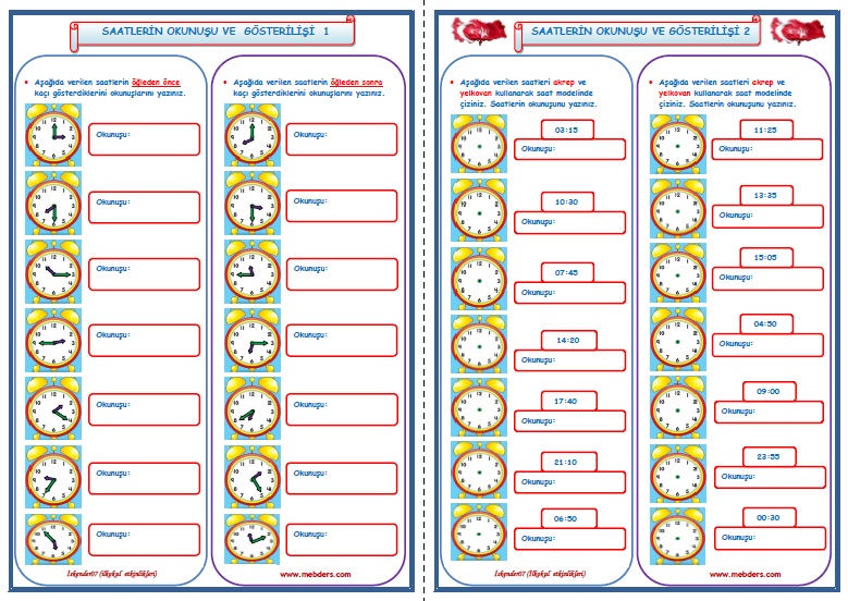 3.Sınıf Matematik Saatlerin Okunuşu ve Gösterilişi  1-2    (2 Sayfa)