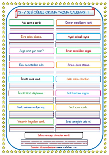 1.Sınıf S-s Sesi Cümle Okuma Yazma Çalışması  ( 17 Farklı Cümle)