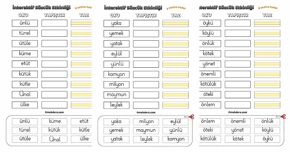 İnteraktif Sözcük Etkinliği - Y Sesine Kadar