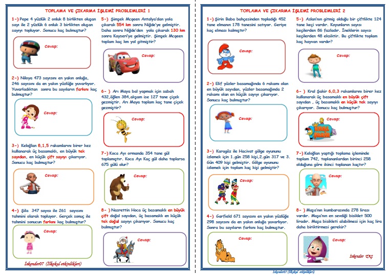 3.Sınıf Matematik Toplama ve Çıkarma İşlemi Problemleri (4 Sayfa - 32 Soru)