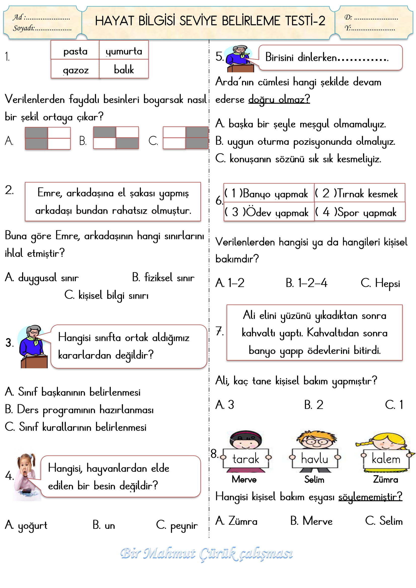 2.Sınıf Hayat Bilgisi Seviye Belirleme Testi-2