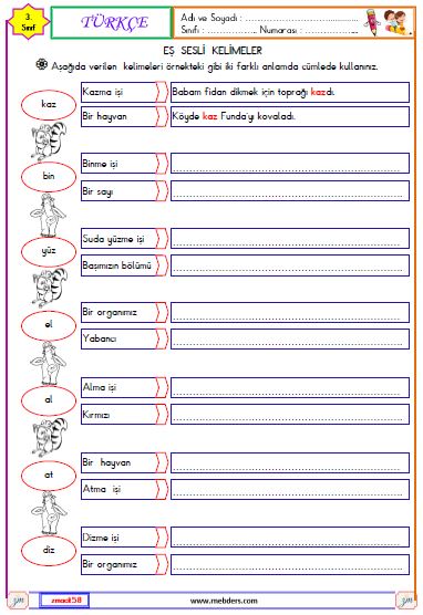 3. Sınıf Türkçe Eş Sesli Kelimeler Etkinliği