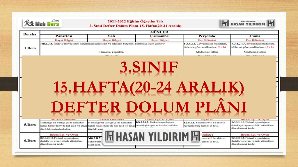 3.Sınıf 15.Hafta(20-24 Aralık) Defter Dolum Planı