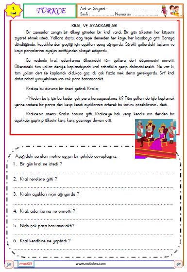 3. Sınıf Türkçe Okuma ve Anlama  Etkinliği (Kral ve Ayakkabıları)