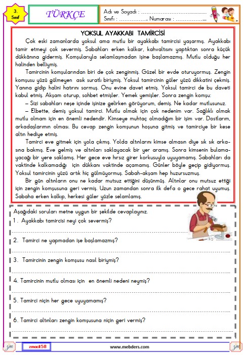 3. Sınıf Türkçe Okuma ve Anlama Metni Etkinliği 25 (Ayakkabı Tamircisi)