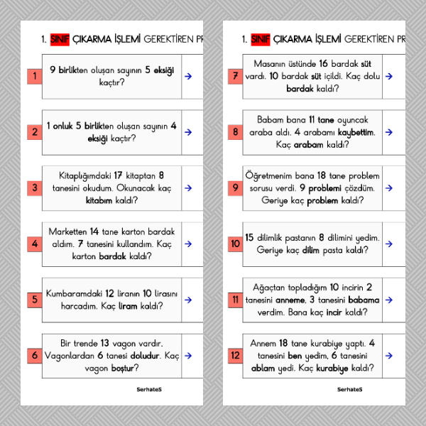 1. Sınıf Matematik - Çıkarma İşlemi Gerektiren Problemler Etkinliği - 2