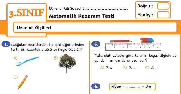 3.Sınıf Matematik Uzunluk Ölçüleri Kazanım Testi