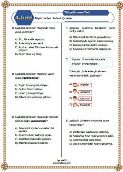 4. Sınıf Türkçe Büyük Harflerin Kullanıldığı Yerler Kazanım Testi