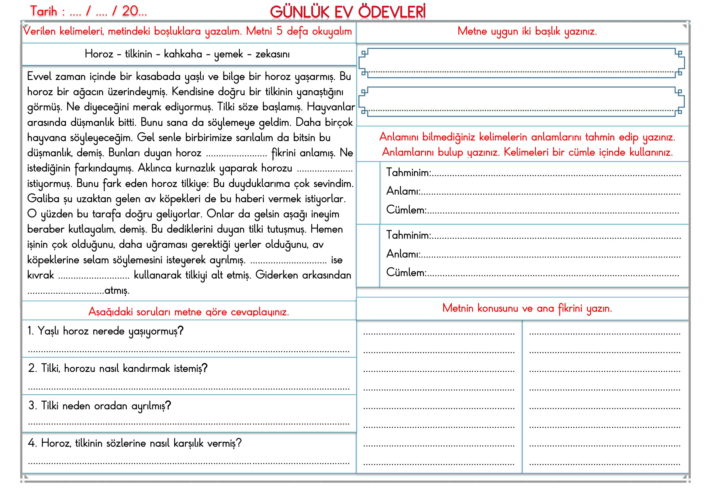 2.Sınıf - 09 Haziran 2026 Günlük Ev Ödevleri