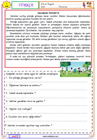 3. Sınıf Türkçe Okuma ve Anlama Metni Etkinliği (Selimler Piknikte)