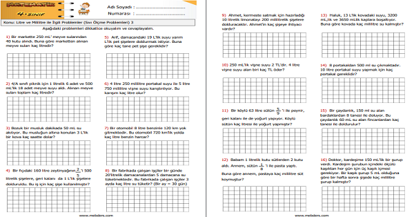 4.Sınıf Matematik Litre ve Mililitre ile İlgili Problemler (Sıvı Ölçme Problemleri) 3