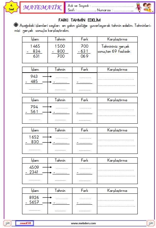 4. Sınıf Matematik Çıkarma İşleminin Sonucunu Tahmin Edelim Etkinliği 2
