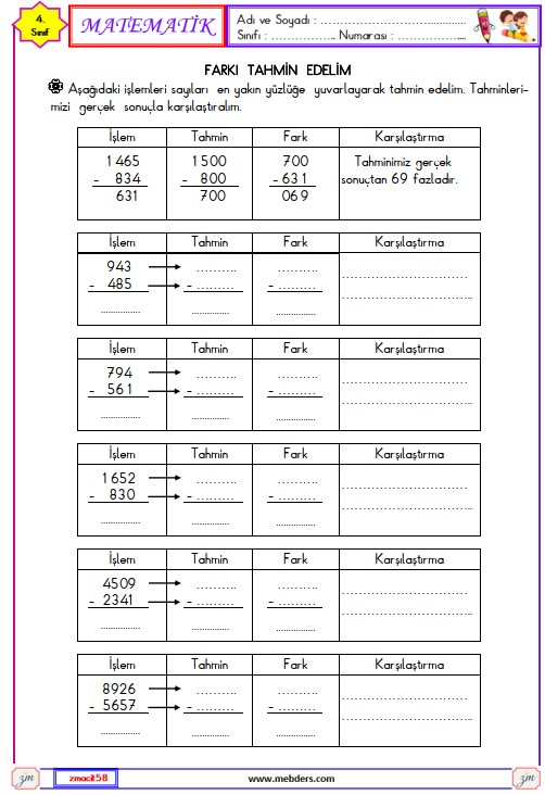 4. Sınıf Matematik Çıkarma İşleminin Sonucunu Tahmin Edelim Etkinliği 2