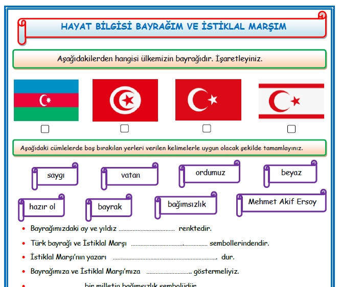 2.Sınıf Hayat Bilgisi Bayrağım ve İstiklal Marşım Etkinlik Çalışması