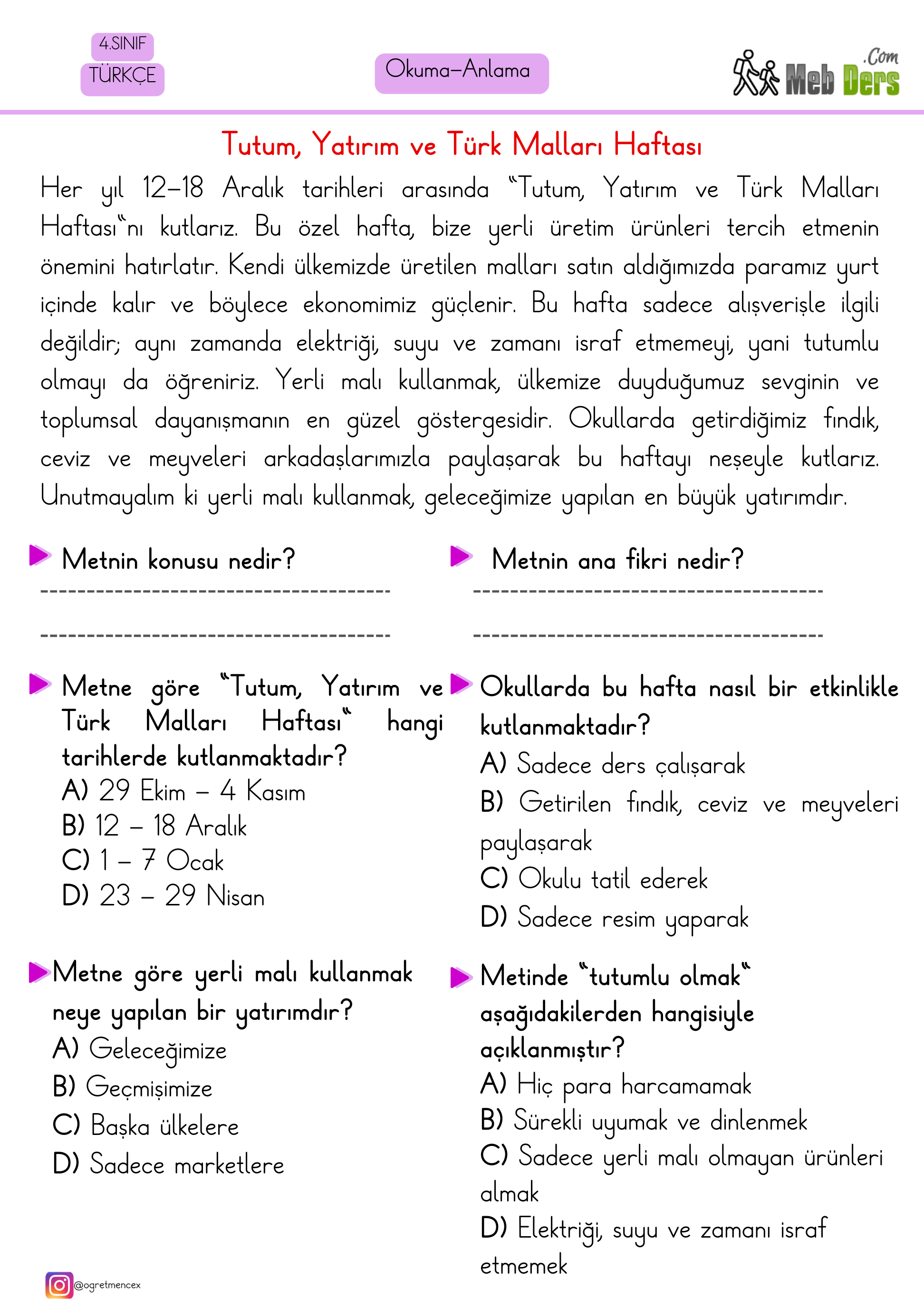 4. Sınıf Türkçe Okuduğunu Anlama Çalışması (Yerli Malı Haftası)