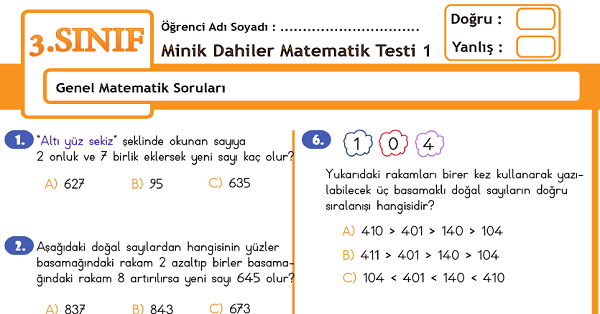 3.Sınıf Minik Dahiler Genel Matematik Testi