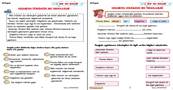 4. Sınıf Fen Bilimleri Geçmişten Günümüze Ses Teknolojileri Etkinlik Çalışmaları