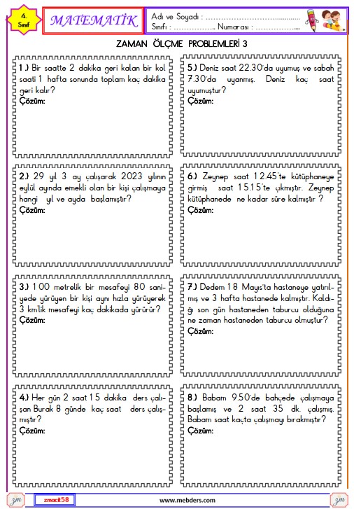 4. Sınıf Matematik Zaman Ölçme Problemleri Etkinliği 3