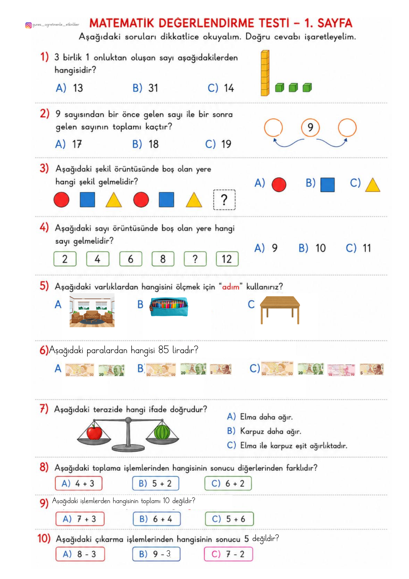 1.Sınıf  Matematik Genel Değerlendirme