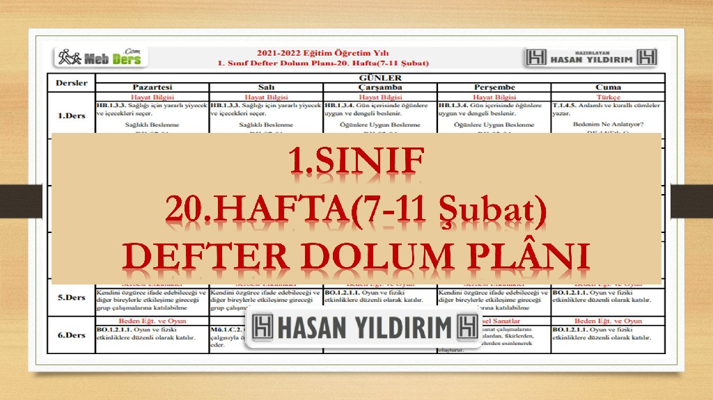 1.Sınıf 20.Hafta(7-11 Şubat) Defter Dolum Planı