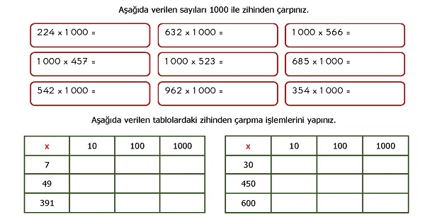 4.Sınıf Matematik Zihinden Çarpma İşlemi Etkinliği 2