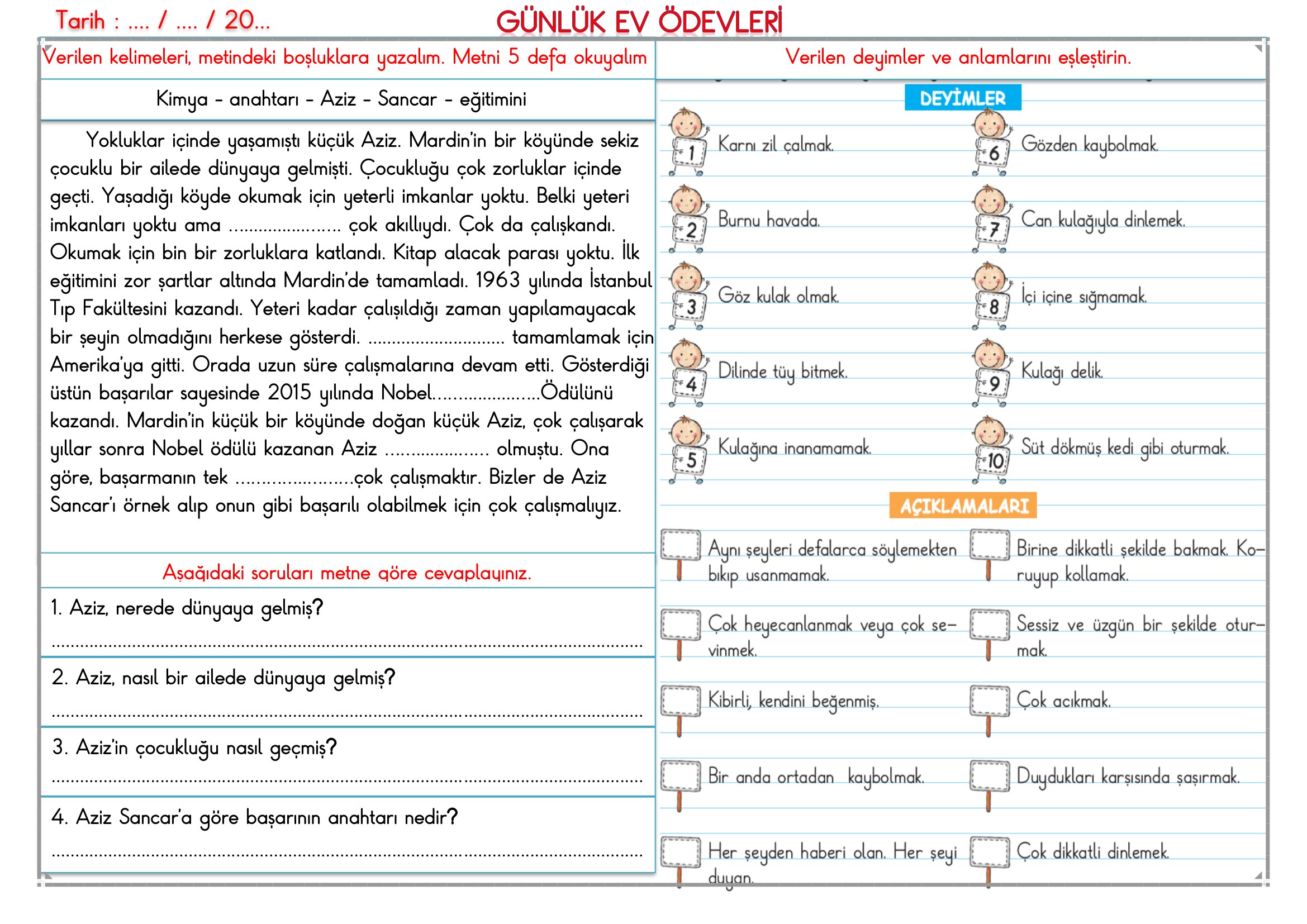 2.Sınıf - 20 Nisan 2026 Günlük Ev Ödevleri
