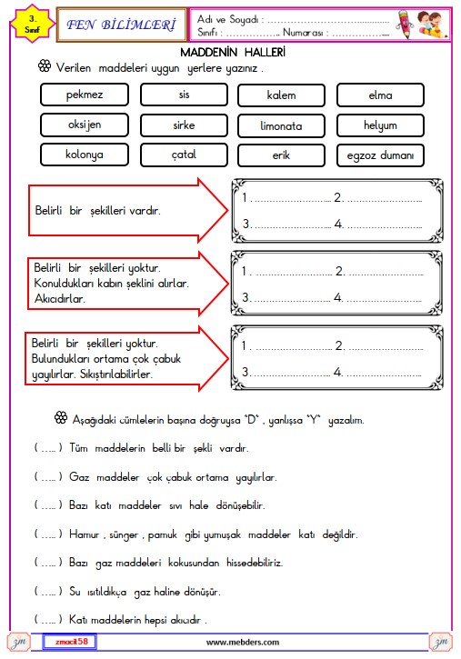 3. Sınıf Fen Bilimleri Maddenin Halleri Etkinliği 3