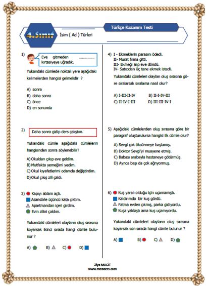 4. Sınıf Türkçe Olayların Oluş Sırası Kazanım Testi