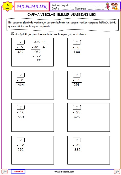 4. Sınıf Matematik Çarpma  ve  Bölme İşlemleri Arasındaki İlişki Etkinliği 2