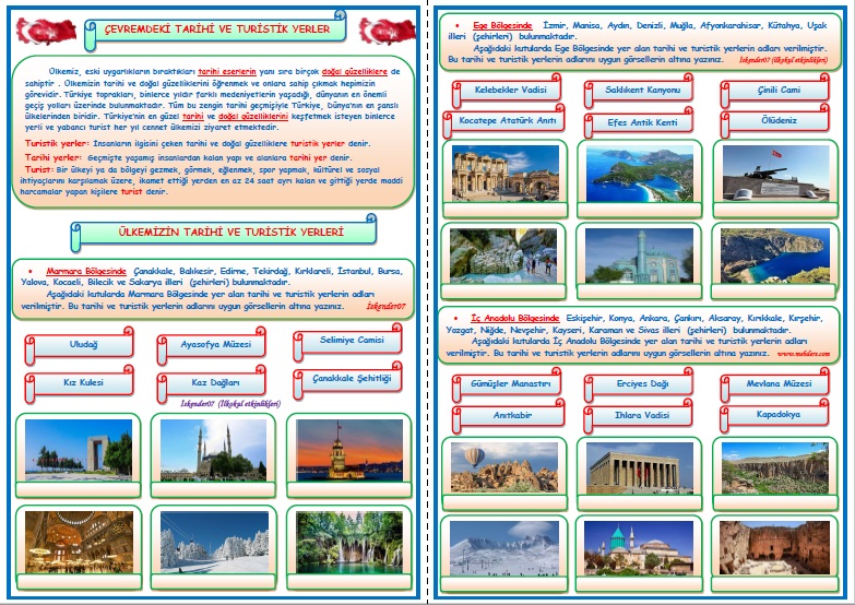 1.Sınıf Hayat Bilgisi Çevremizdeki Tarihi ve Turistik Yerler   (4 Sayfa)