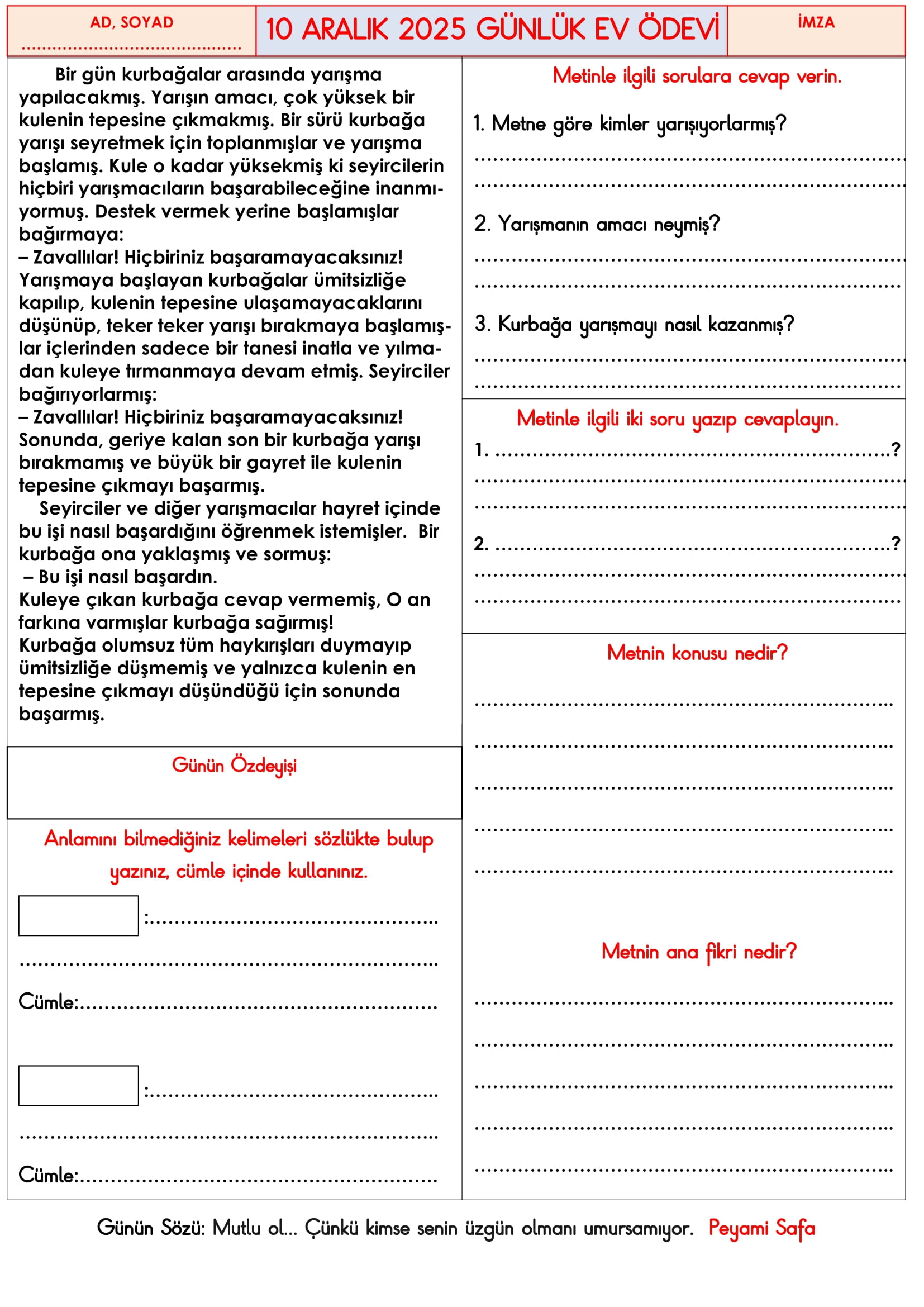 3.Sınıf - 10 Aralık 2025 Günlük Ev Ödevleri