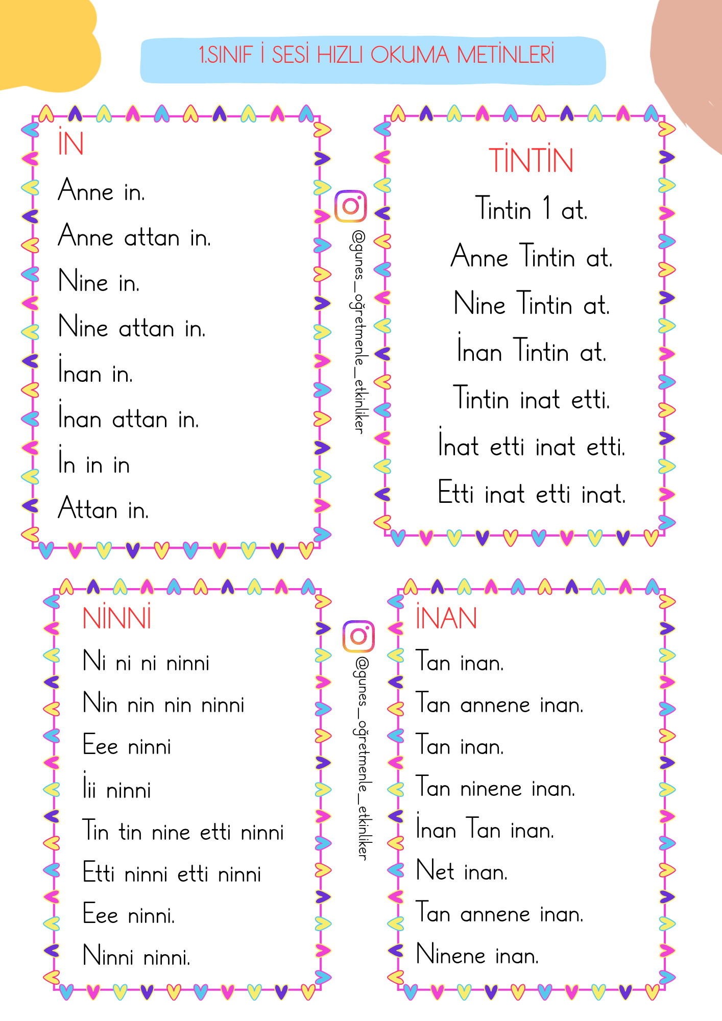 1.Sınıf İ Sesi Hızlı Okuma Metin ve Hece Tablosu