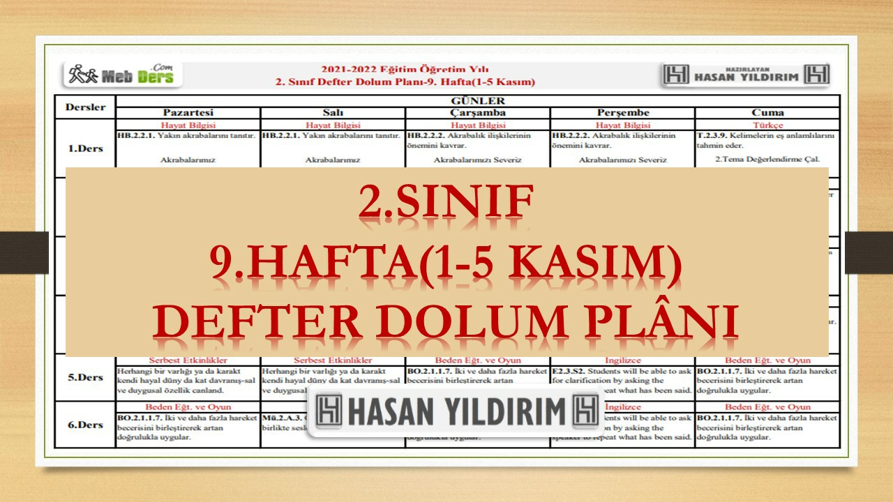 2.Sınıf 9.Hafta(1-5 Kasım) Defter Dolum Planı