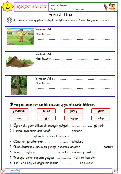 3. Sınıf Hayat Bilgisi Yönleri Bilirim Etkinliği