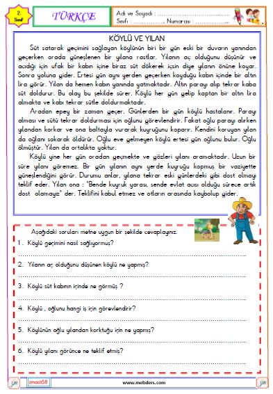 2. Sınıf Türkçe Okuma ve Anlama Metni Etkinliği (Köylü ve Yılan)